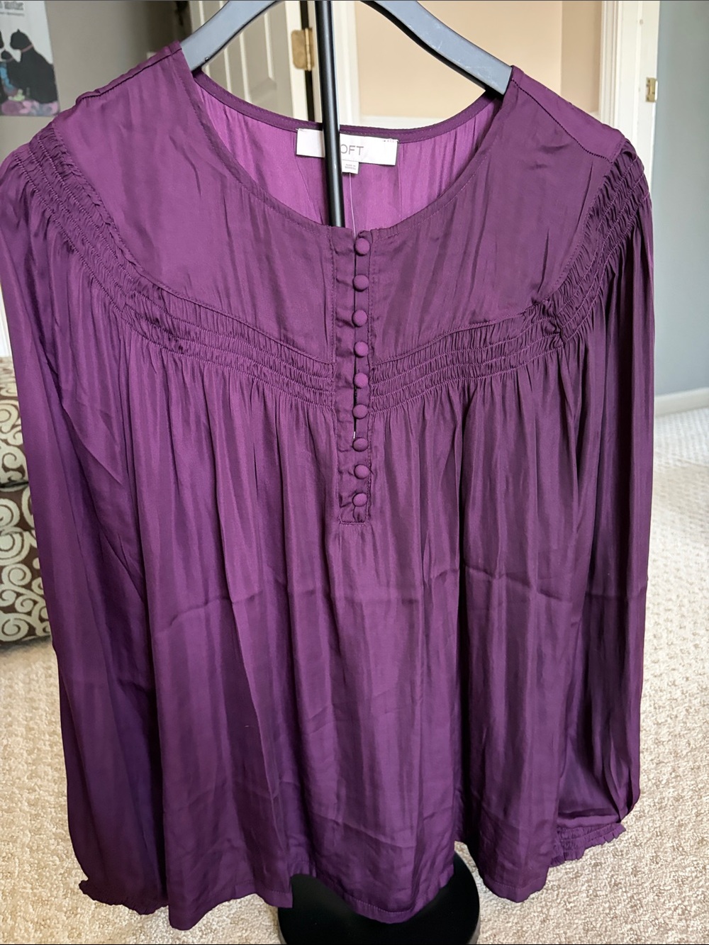 LOFT Deep Plum Smocked Yoke Blouse